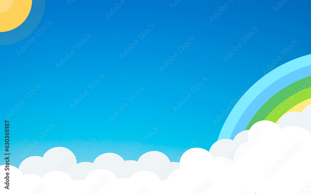 Vibrant 2D Illustration of Clear Sky with Clouds, Rainbow, and Sun Vibrant 2D Illustration of Clear Sky with Clouds, Rainbow, and Sun