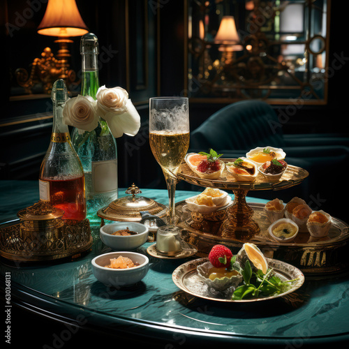 Professional staged photo of wine glasses with gorgeous various appetizers on the table, in the interior of expensive restaurant, romantic holiday atmosphere