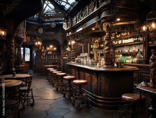 Interior of a classic European beer pub, wooden finish, decorations, bar counter, lounge, chairs