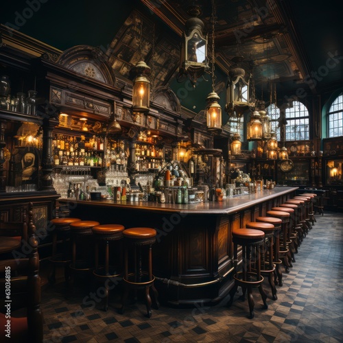 Interior of a classic European beer pub  wooden finish  decorations  bar counter  lounge  chairs