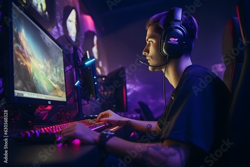 Competitive Gaming at Its Finest: An e-sports athlete engrossed in streaming a live gaming session, showcasing professional gaming to a worldwide audience