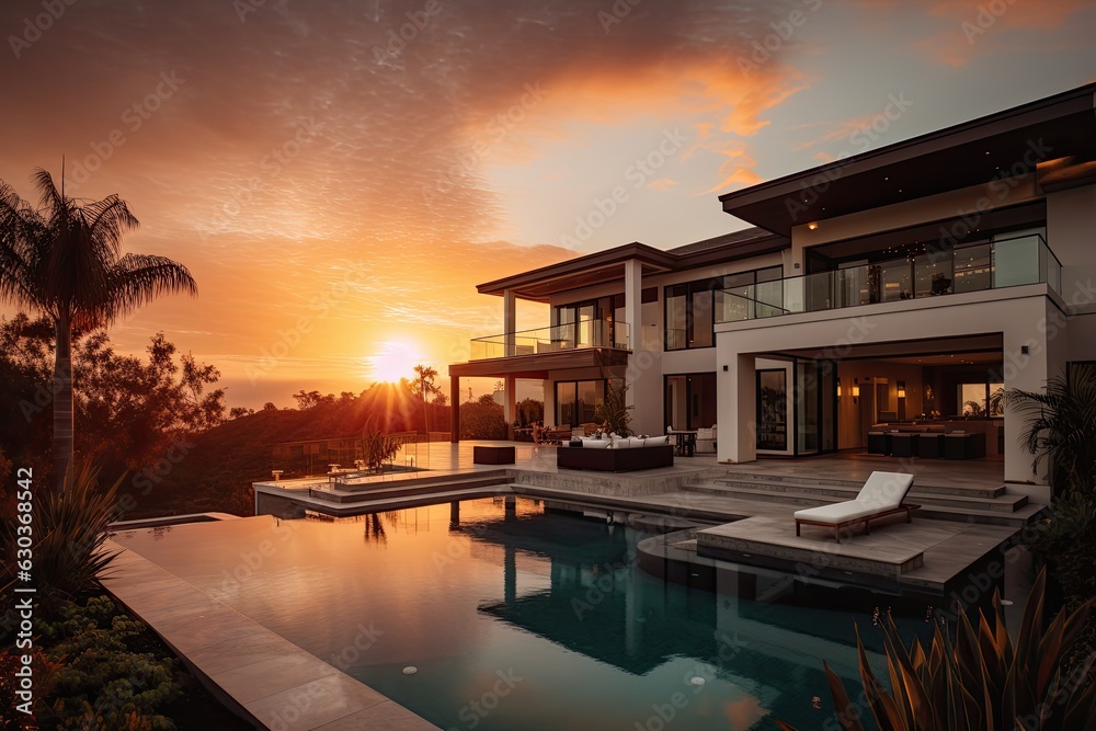 Luxurious beautiful villa with pool in the evening with sunset.