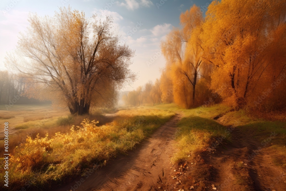 The autumn forest comes alive with the bright colors of the season. The landscape is breathtakingly beautiful with trees adorned with shades of yellow, orange and red.
