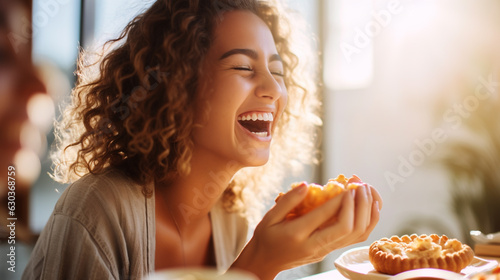 A person laughing as they eat their favorite food, mental health images, photorealistic illustration