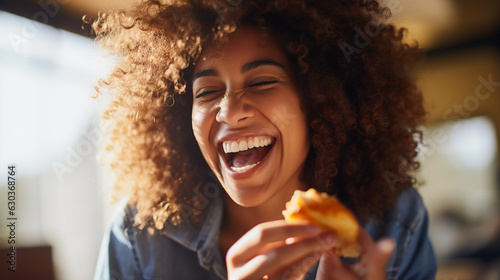 A person laughing as they eat their favorite food  mental health images  photorealistic illustration