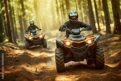 Thrilling ATV Adventure Two Riders Speed Racing Through the Forest Wilderness. created with Generative AI