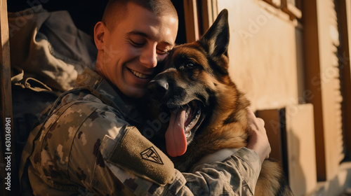 A soldier hugging his dog after returning home from deployment, mental health images, photorealistic illustration © Ingenious Buddy 