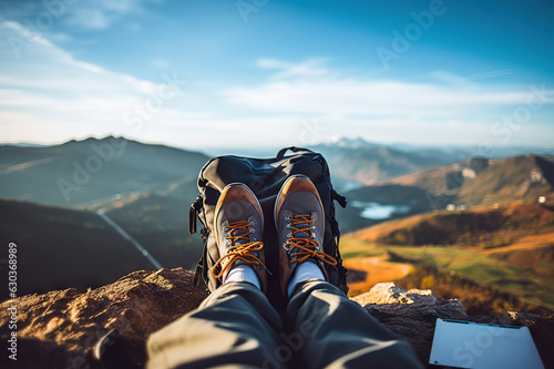 Adventurous Trekking Journey Tourist's Feet, Backpack, and Camera Capturing Stunning Panoramic Mountain Landscape. created with Generative AI