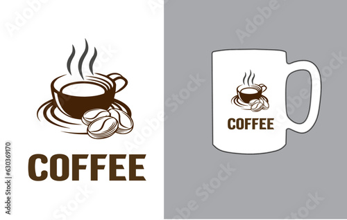 Fragrant hot coffee in a white cup with beans spilling roasted