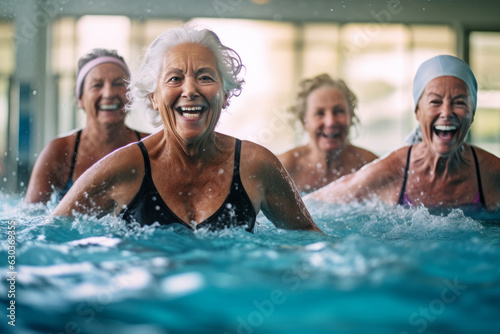 Active senior women enjoying aqua fit class in a pool, displaying joy and camaraderie, embodying a healthy, retired lifestyle © InputUX