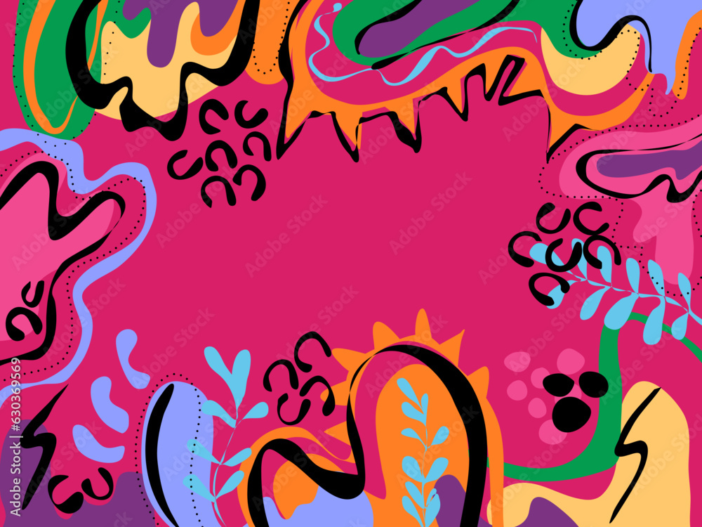Doodle lines background on trend color, dots and geometric design frame On pink background 90's 80's