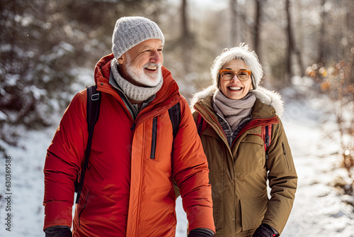 Best agers enjoying a winter walk, snowy forest. Senior couple walking in a forest, snow falling. Happiness of being outdoors and having mobility.
