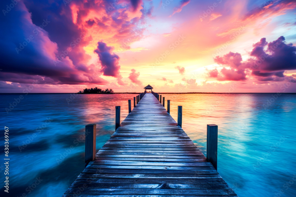 Fototapeta premium Water gazebo at sunset. Pier to the horizon. Ai generation