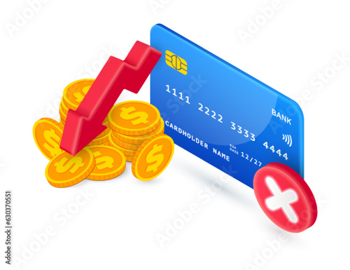 Failed Online Payment 3D icon. Vector Isometric banking concept. Declined purchase, unsuccessful payment symbol. Canceled transaction, business failure, payment error, insufficient funds