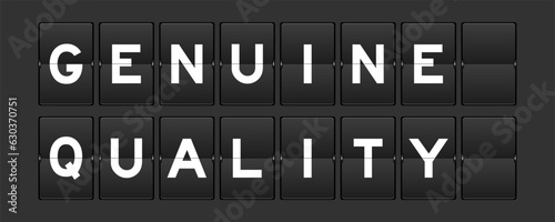 Black color analog flip board with word genuine quality on gray background