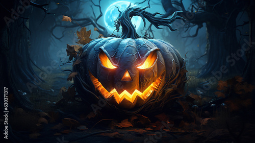 Halloween pumpkin head jack lantern with burning candles in night magic forest