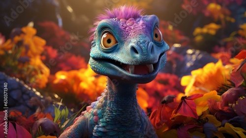 A small vibrant cartoon dinosaur in a forest, realistic and fantastical elements, caricature-like illustrations, sketchfab, vibrant murals, hyper-realistic, felt creatio. photo