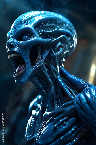 Generative AI Illustration of a Screaming blue alien cyborg