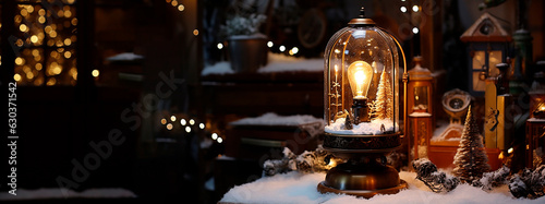 Christmas steampunk still life with fir trees, snow, christmas decorations and lamp on a dark wooden background with LED light garland, Copy space. Web banner.