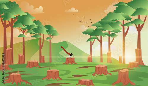 deforestation and exploitation of trees, trees stump, dead nature, forest destruction vector illustration concept, environmental destuction 