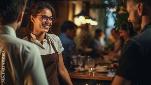 Smiling waitress at the restaurant with customers