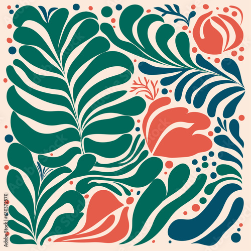 Abstract floral poster template. Modern trendy Matisse minimal style. Green,  blue and orange colors. Vector illustration isolated on white background
