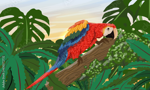 Large brightly colored scarlet macaw parrot sits on the branches of a tropical tree with moss and large leaves. South America and Africa. Realistic vector landscape