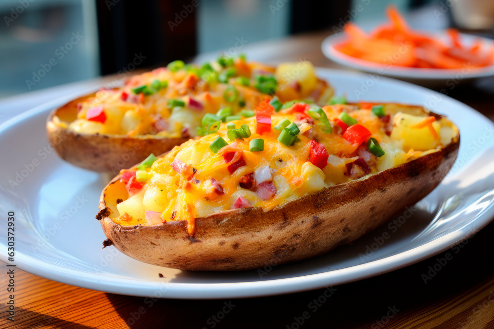 Stuffed Baked Potato Egg Boat with Ham and cheese on wooden table Stuffed Baked Potato Egg Boat with Ham and cheese on wooden table