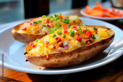 Stuffed Baked Potato Egg Boat with Ham and cheese on wooden table