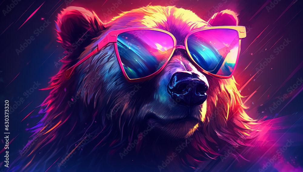 Bear in sunglasses in woods, in the style of synthwave, realistic animal portraits, graffiti-inspired animals, colorful realism, Colorfully bear concept. 