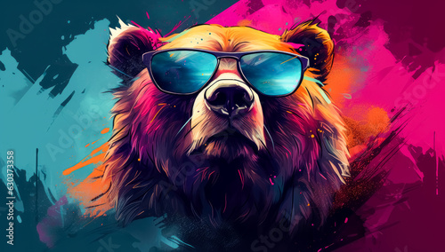 Bear in sunglasses in woods, in the style of synthwave, realistic animal portraits, graffiti-inspired animals, colorful realism, Colorfully bear concept. 