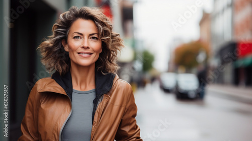 Portrait of an attractive mature woman wearing a jacket in the city