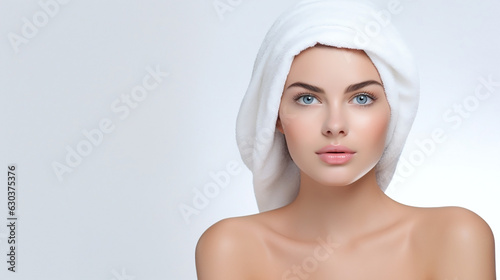 attractive woman's face in the towel on a white background - Skincare Product Concepts with copy space 