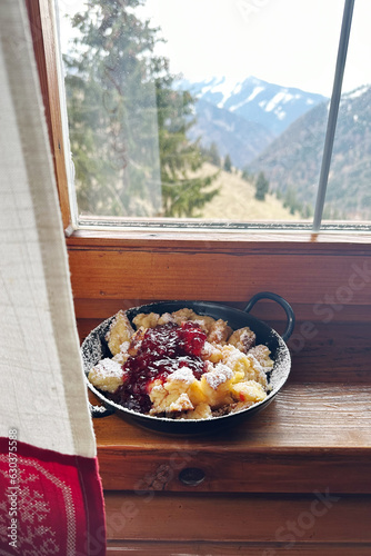 ..Typical Bavarian dessert with mountains in the background.