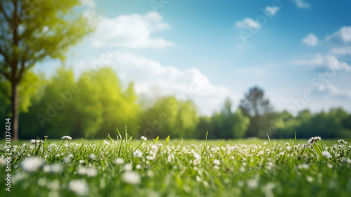 Beautifully blurred background image of spring nature with a neatly trimmed lawn surrounded by trees against a blue sky with clouds on a bright sunny day 