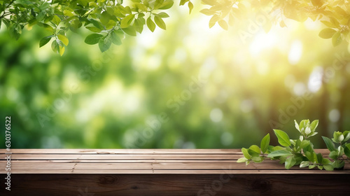 Beautiful Nature background with green foliage and empty wooden table in nature outdoor with copy space