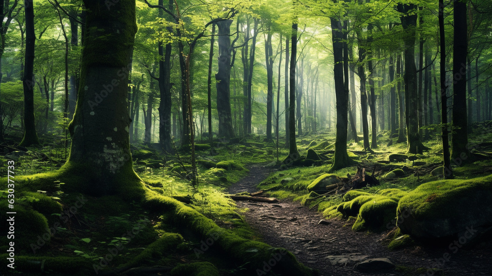 Obraz premium The morning atmosphere of a mature forest overgrown with tall trees and the forest floor is filled with mossy stones. Small plants and greenish moss fill the entire forest floor.