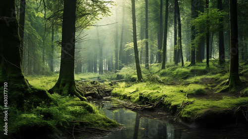 The morning atmosphere of a mature forest overgrown with tall trees and the forest floor is filled with mossy stones. Small plants and greenish moss fill the entire forest floor.