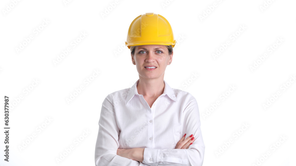 Smiling female architect or engineer in safety helmet. Female builder portrait Smiling female architect or engineer in safety helmet. Female builder portrait