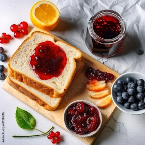 Top of view of sliced bread with jam and berries