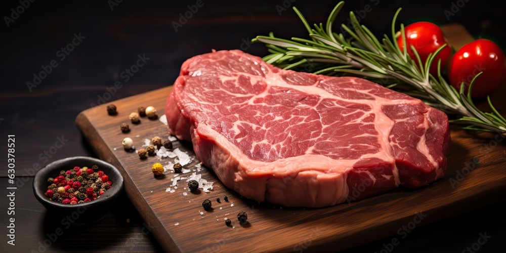 AI Generated. AI Generative. Rib eye bbq grill meat raw fresh steak on bone on kitchen table mock up. Graphic Art