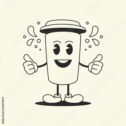 Coffee paper cup smile cartoon character comic retro 30s animation style line art icon vector