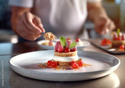 Cook arranging whipped cream dessert with berries on plate.Macro.AI Generative.