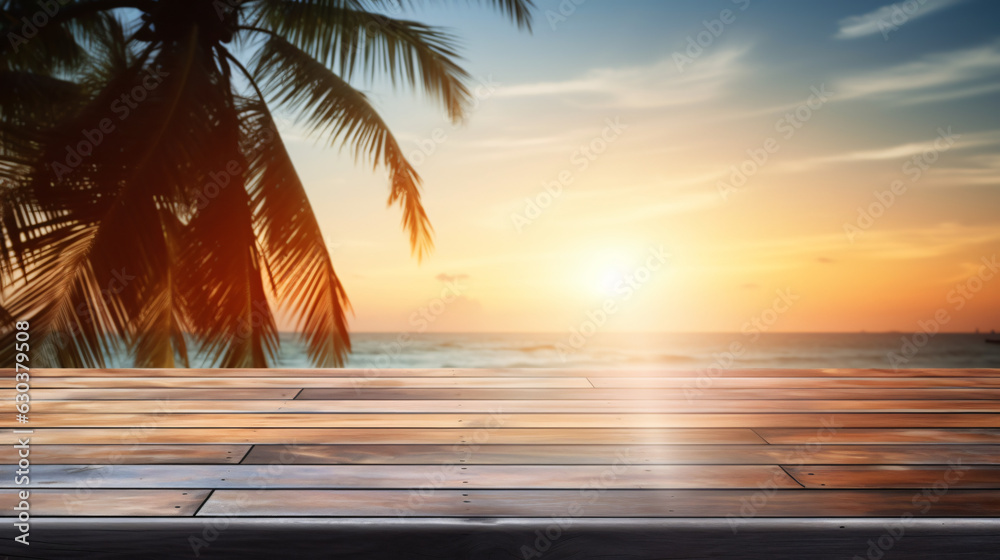 Wood Table Top with Tropical Beach Background for Product Display