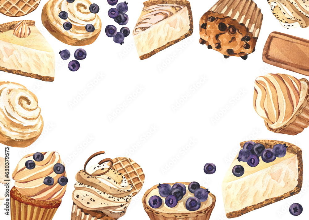 Watercolor frame dessert muffin, cupcake, bun, tart, cheesecake with blueberry. Hand-drawn illustration isolated on white background. Perfect food menu, design packing, bakery shop, cooking, tea party