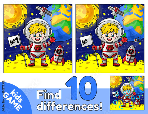 Educational game for kids on space theme. Find 10 differences. Cartoon boy astronaut with rocket on moon on the background of the planet Earth, Sun, stars. Puzzle for children. Vector illustration.