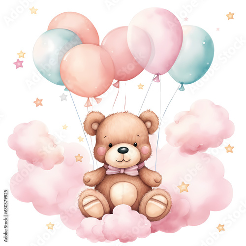 Cute Baby Bear And Balloons Watercolor Clipart