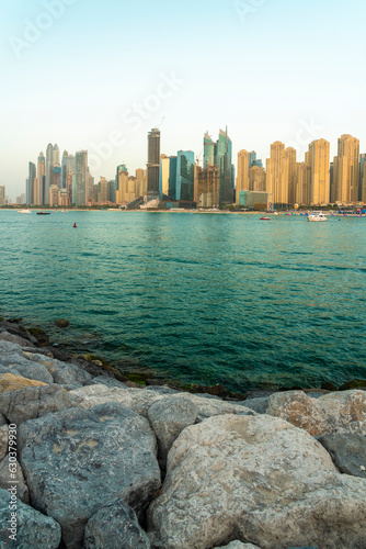 Modern new towers or residentials, business and hotels at Marina Dubai later by sunset with Promenade, Marina Dubai, UAE