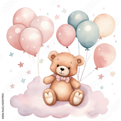 Cute Baby Bear And Balloons Watercolor Clipart