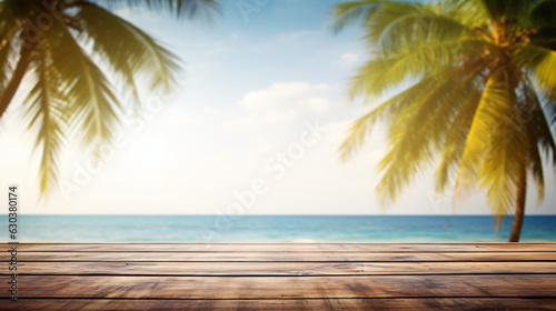 Wood Table Top with Tropical Beach Background for Product Display